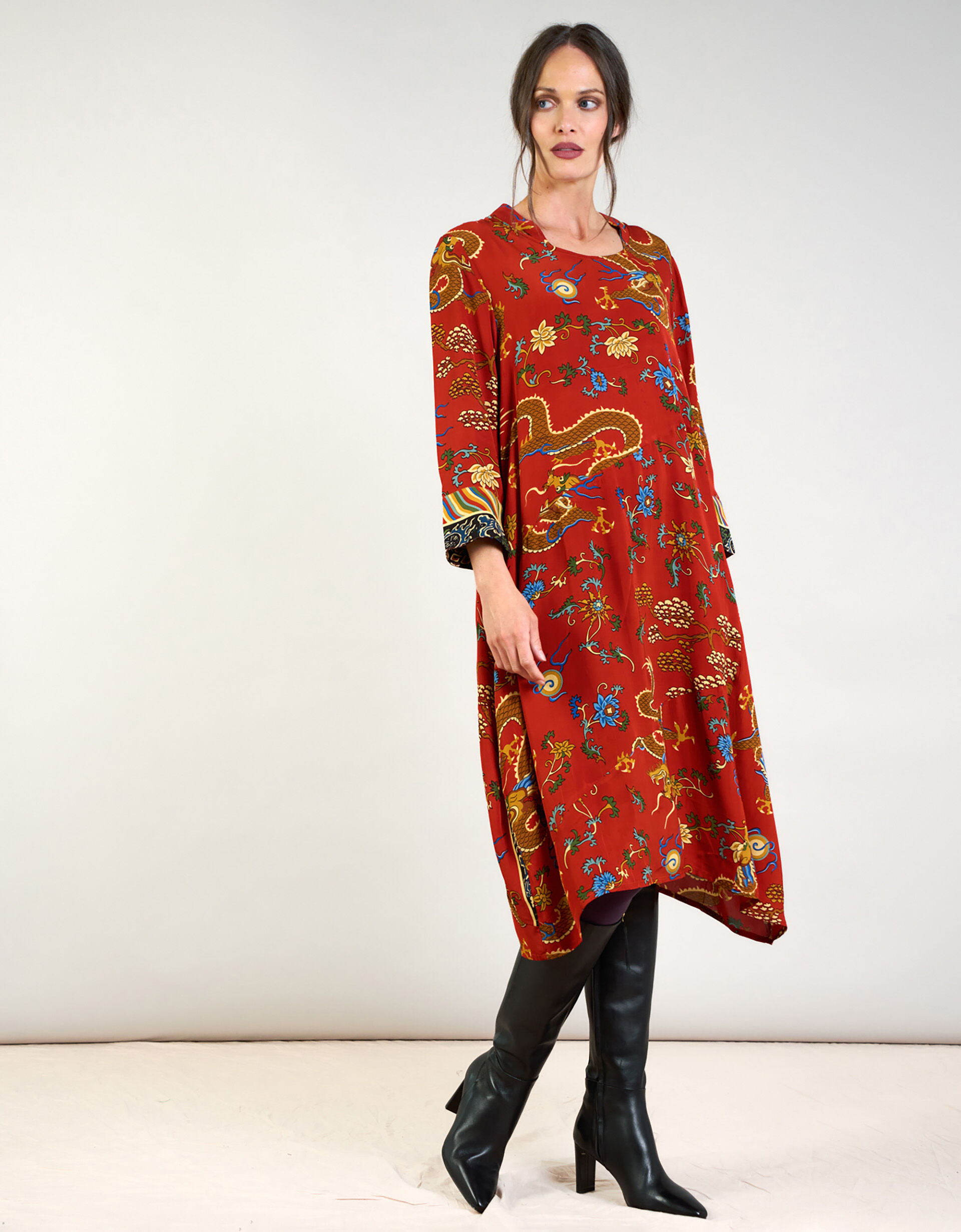 One Hundred Stars Asymmetric Dragon Print Dress Orange