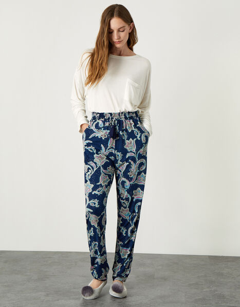 Paisley Print Jersey Trousers Blue, Blue (NAVY), large