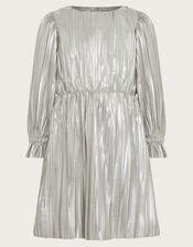 Long Sleeve Metallic Plisse Dress, Silver (SILVER), large
