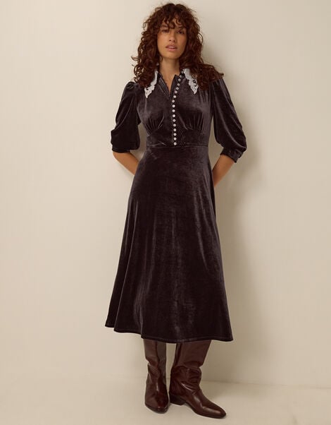 Leith Lace Collar Velvet Midi Dress, Brown (CHOCOLATE), large