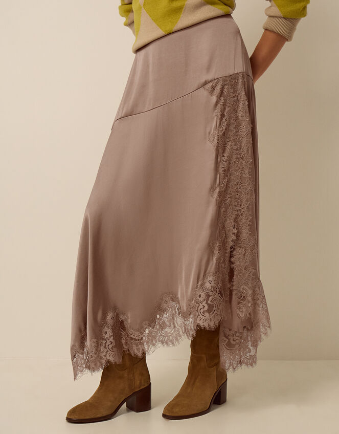 Shelby Satin Lace Maxi Skirt, Mink (MINK), large