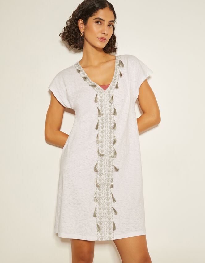 Jodie Tassel Beach Tunic Mini Dress, White (WHITE), large