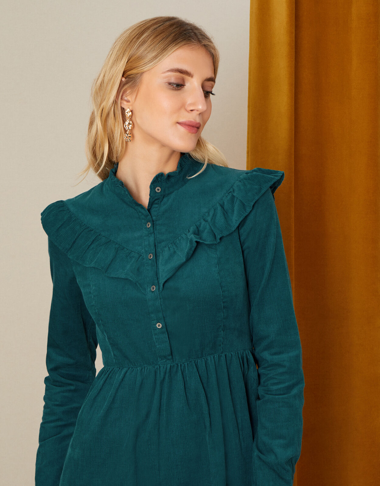 Sordan Plain Frill Cord Dress Teal