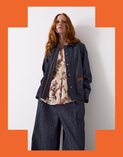 Easy Jayla Embroidered Denim Shirt Jacket, Blue (NAVY), large
