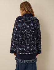 Payton Paisley Fringe Cardigan, Blue (NAVY), large