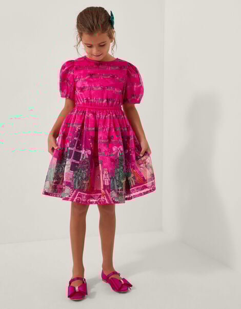 Christmas Scene Bow Puff Sleeve Dress , Pink (PINK), large