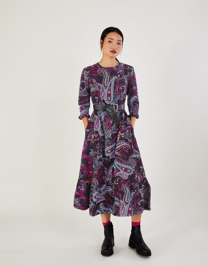Cord Paisley Print Dress, Blue (NAVY), large