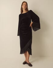 Tara Long Sleeve Fringe Velvet Midi Dress, Black (BLACK), large