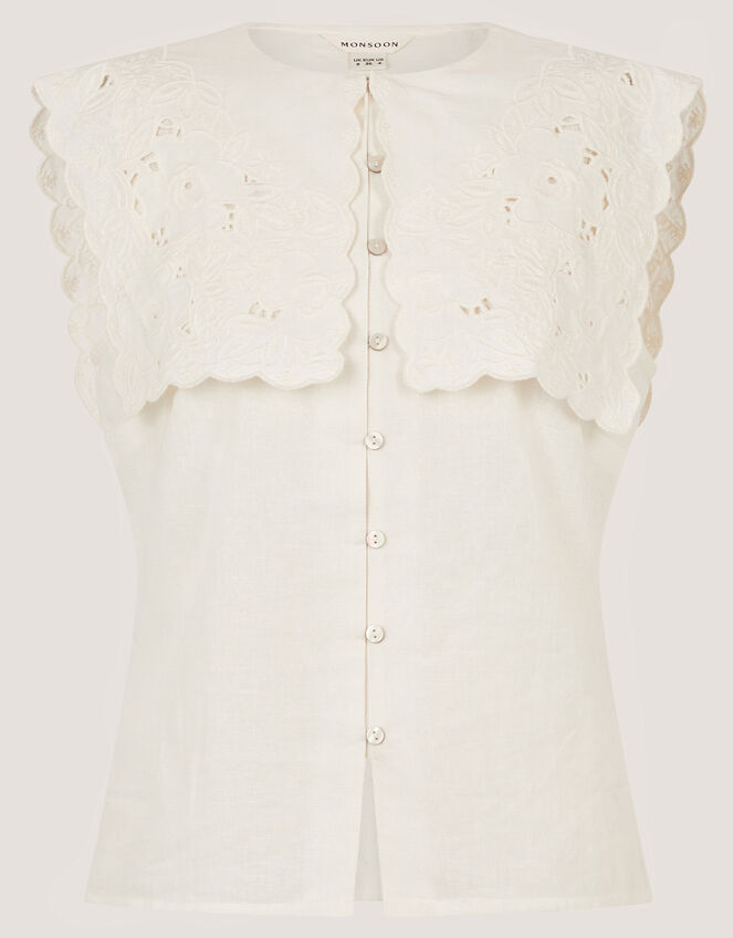 Lexi Sleeveless Embroidered Linen Blend Top, Ivory (IVORY), large