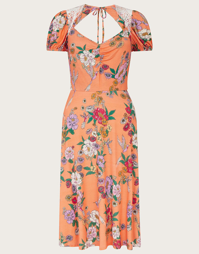 Lace Insert Floral Jersey Dress, Orange (PEACH), large