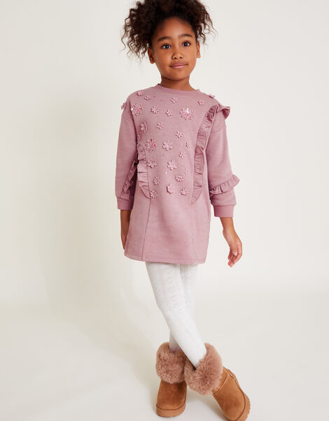 Frilly 3D Flower Sweatshirt Dress, Purple (LILAC), large