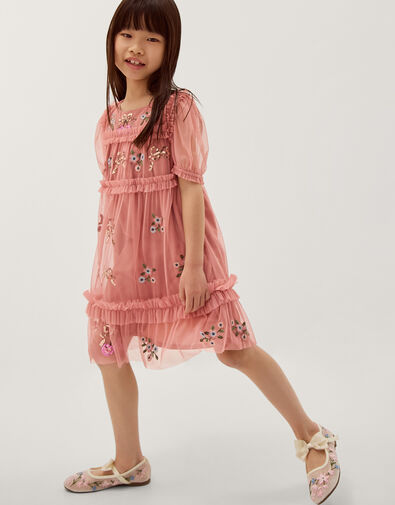 Mon Cheri Floral Embroidered Mesh Dress, Pink (PINK), large