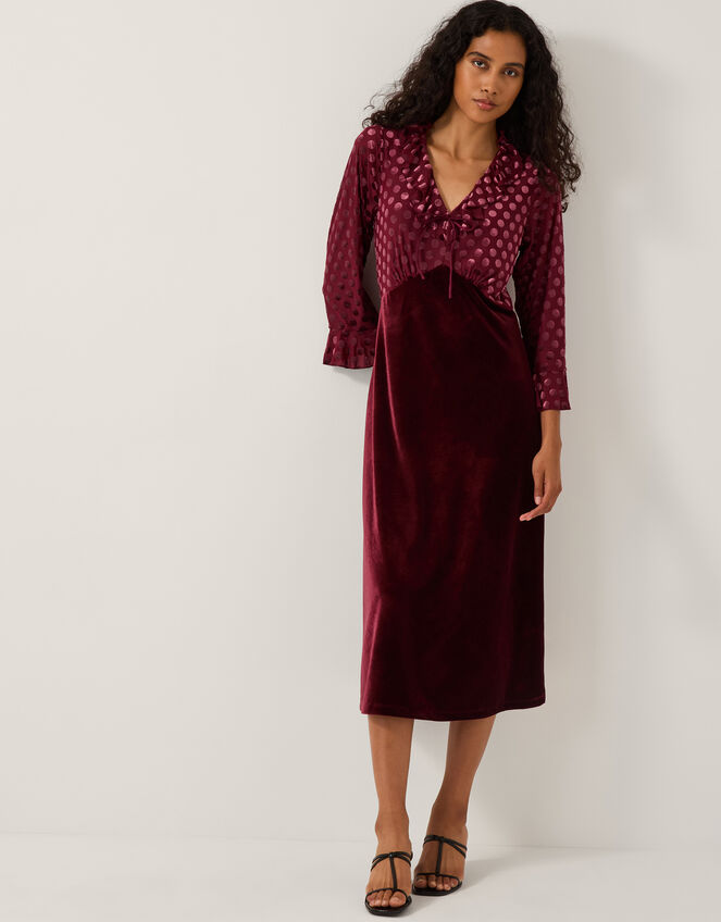 Dua Polka Dot Velvet Midi Dress, Red (BERRY), large