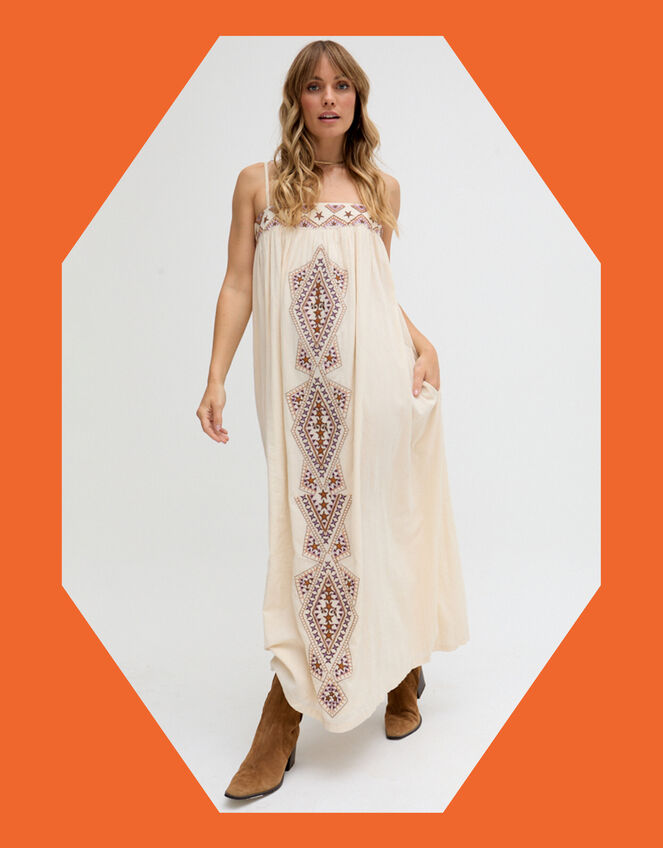 Raffya Sapphire Strappy Embroidered Maxi Dress, White (WHITE), large