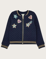 Quilted Unicorn Back Bomber Jacker, Blue (NAVY), large