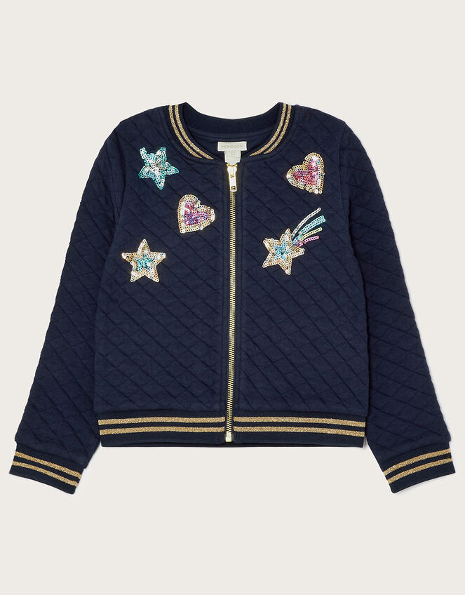 Quilted Unicorn Back Bomber Jacker, Blue (NAVY), large