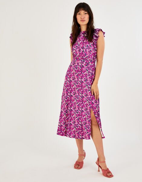 Frill Sleeveless Ditsy Floral Midi Dress Purple, Purple (PURPLE), large