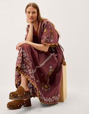 Greta Short Sleeve Embroidered Midi Dress, Brown (BROWN), large