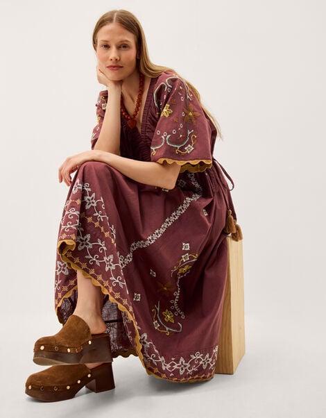 Greta Short Sleeve Embroidered Midi Dress, Brown (BROWN), large