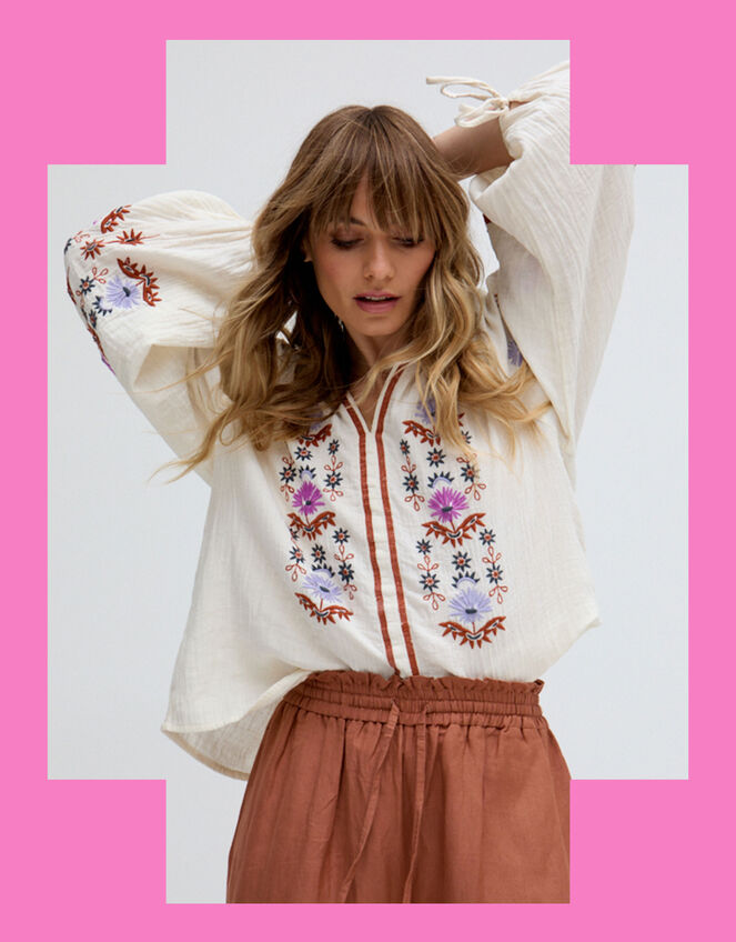 Raffya Dina Embroidered Blouse, Cream (CREAM), large