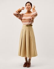 Poppy Buckle Pleated Midi Skirt, Natural (STONE), large