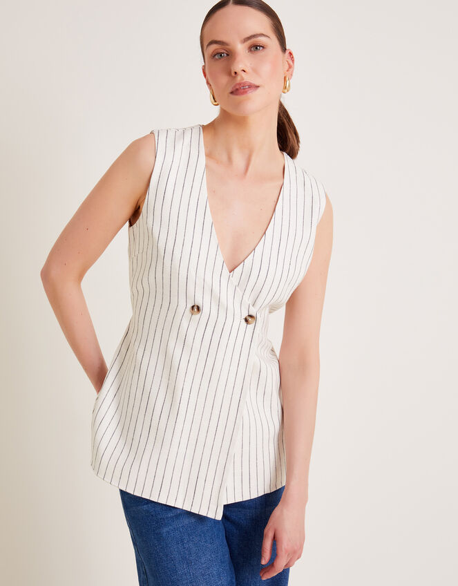 Sara Linen Blend Stripe Waistcoat, Ivory (IVORY), large
