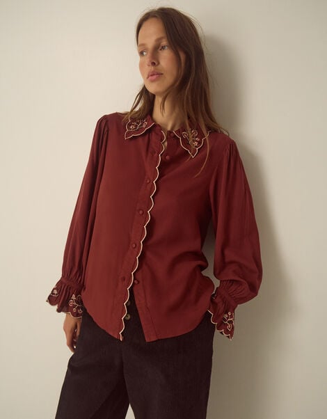 Holly Floral Embroidered Scallop Shirt, Red (BURGUNDY), large