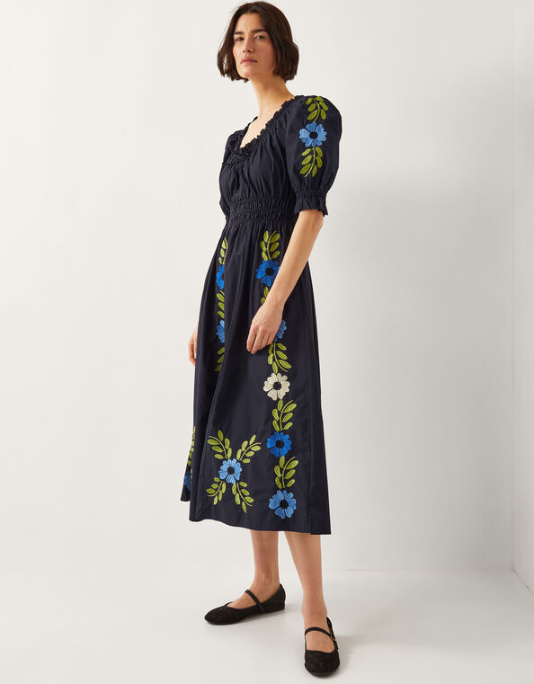 Shona Embroidered Puff-Sleeve Midi Dress, Black (BLACK), large