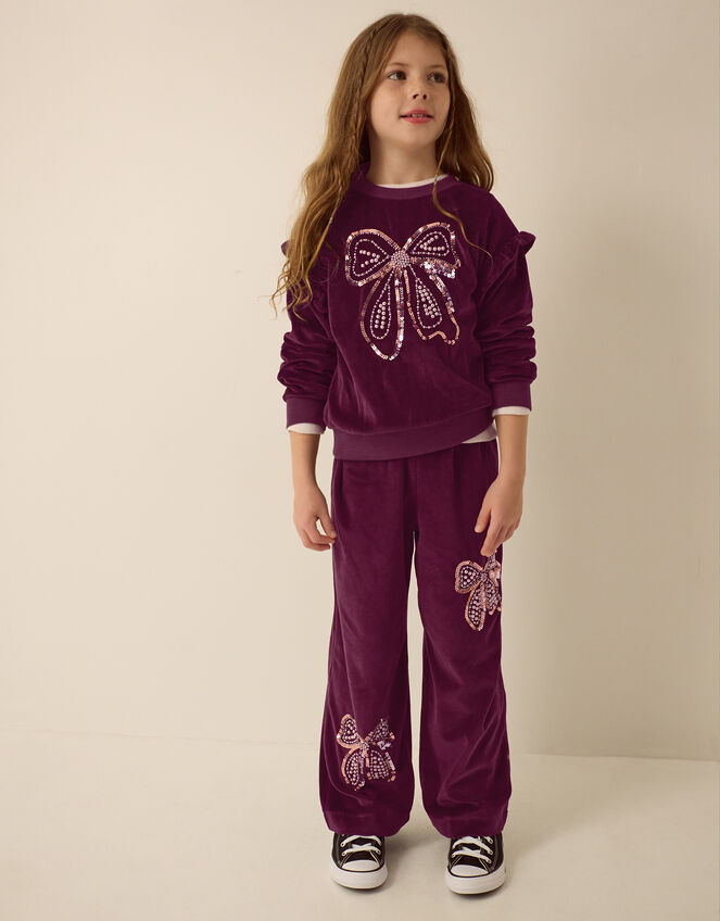 Bow Embellished Velour Sweatshirt, Brown (BROWN), large