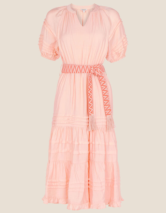Short Sleeve Plain Dress with Embroidered Belt, Orange (PEACH), large