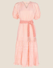 Short Sleeve Plain Dress with Embroidered Belt, Orange (PEACH), large