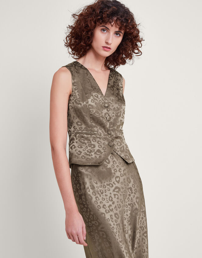 Amelia Print Satin Waistcoat, Brown (MOCHA), large