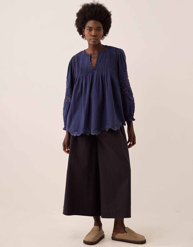 East Pavlina Embroidered Cotton Top, Blue (NAVY), large