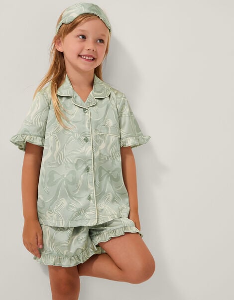 Bow Print Pyjamas & Sleep Mask Set, Green (GREEN), large