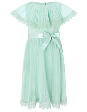 Dotty Pleated Cape Dress with Lace Trims, Green (MINT), large