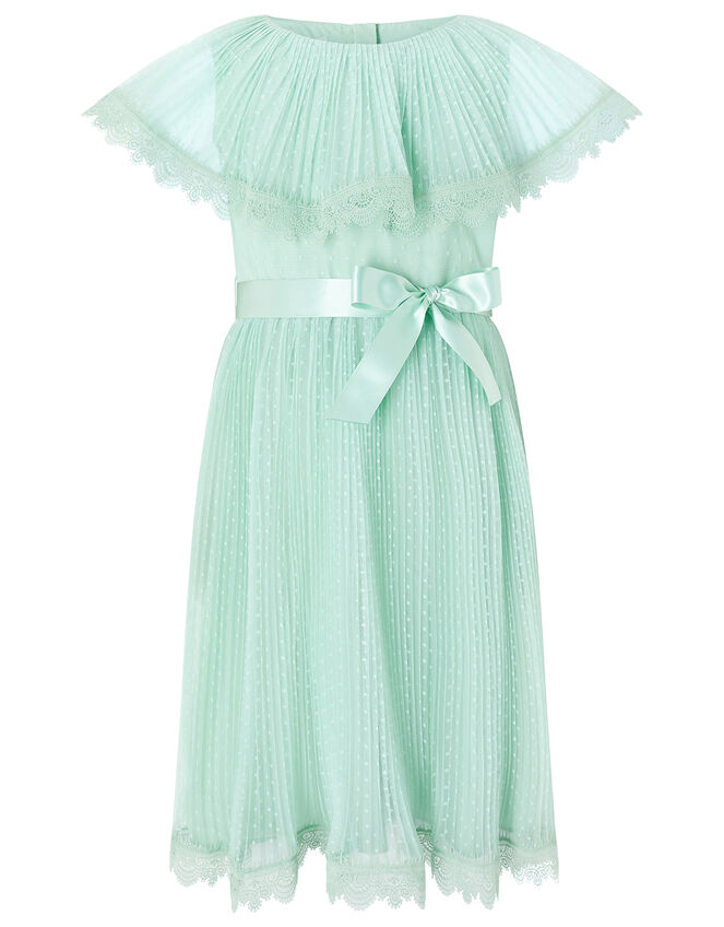 Dotty Pleated Cape Dress with Lace Trims, Green (MINT), large