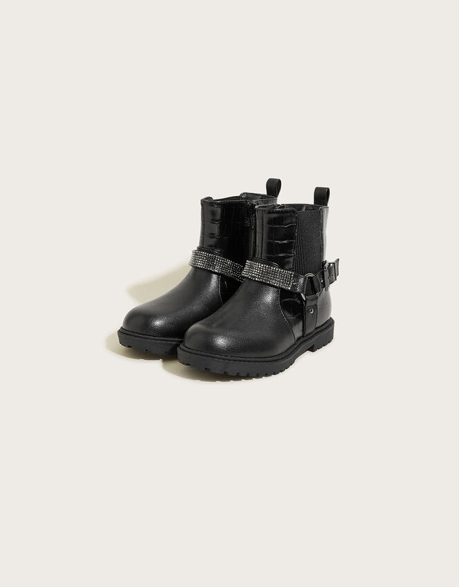 Dazzle Diamante Strap Boots, Black (BLACK), large