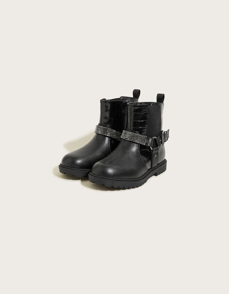 Dazzle Diamante Strap Boots Black, Black (BLACK), large