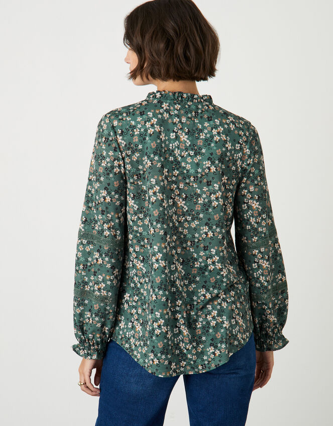 Green floral pattern print long sleeve button shirt