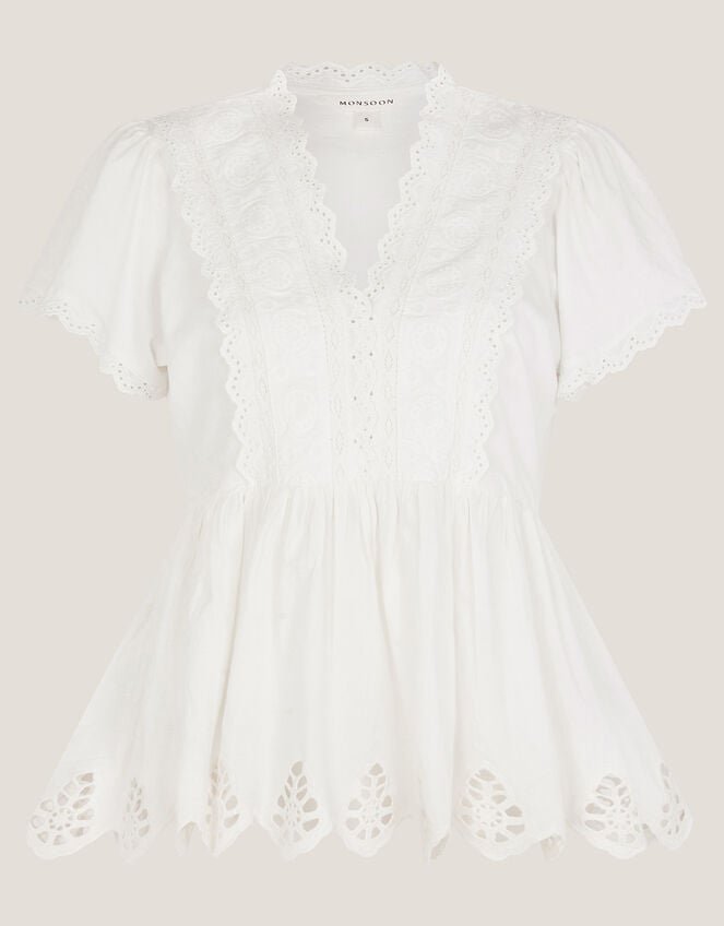 Dee Broderie Jersey Top, Ivory (IVORY), large