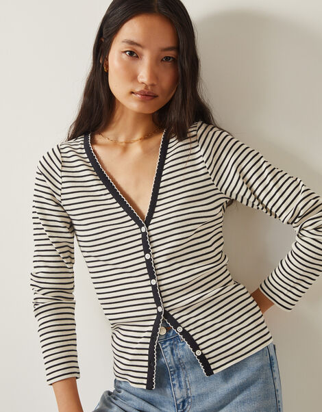 Sil Stripe Jersey Cardigan, Ivory (IVORY), large