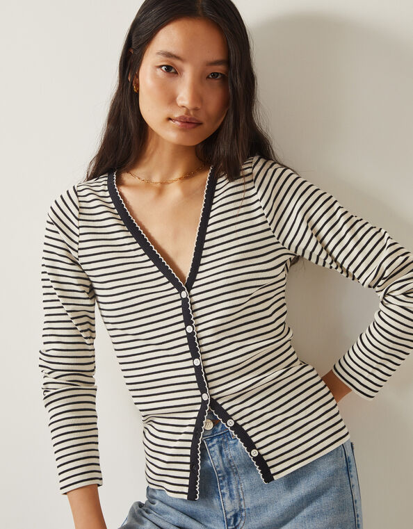 Sil Stripe Jersey Cardigan, Ivory (IVORY), large