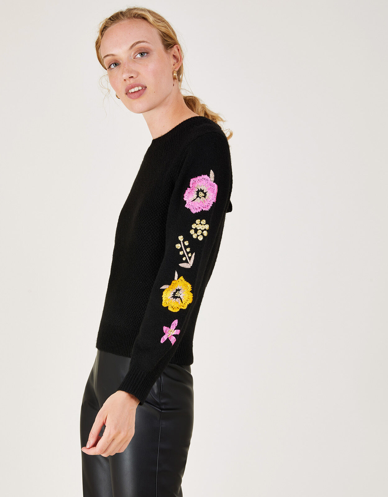 Embroidered Flower Sleeve Jumper with Recycled Polyester Black