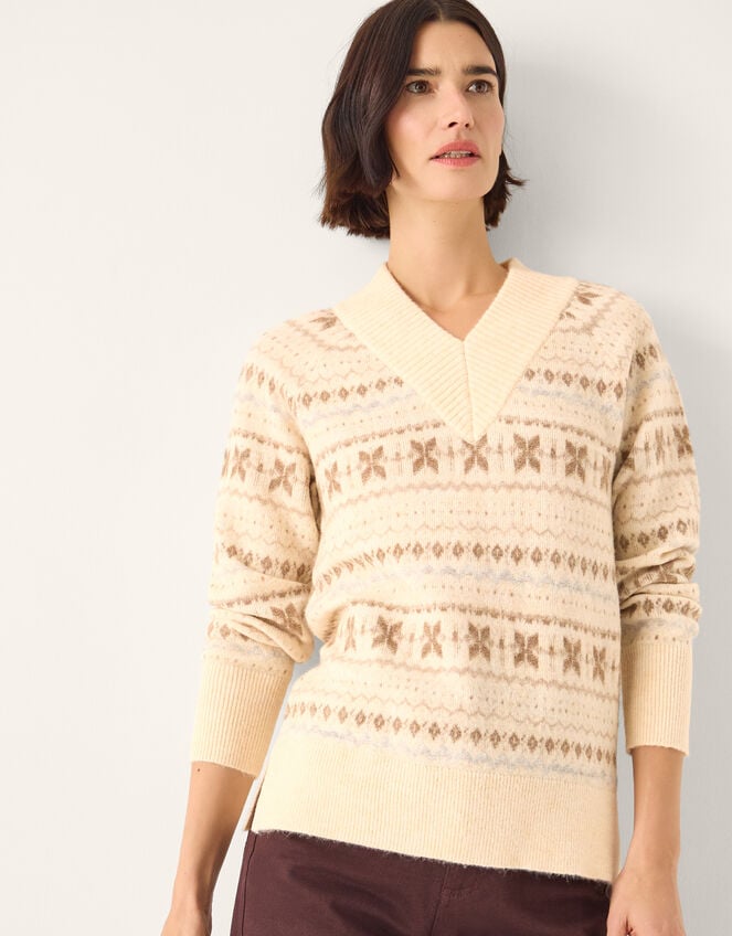 Febe V-Neck Fair Isle Jumper, Ivory (IVORY), large