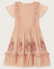 Embroidered Mesh Frill Dress, Pink (PINK), large