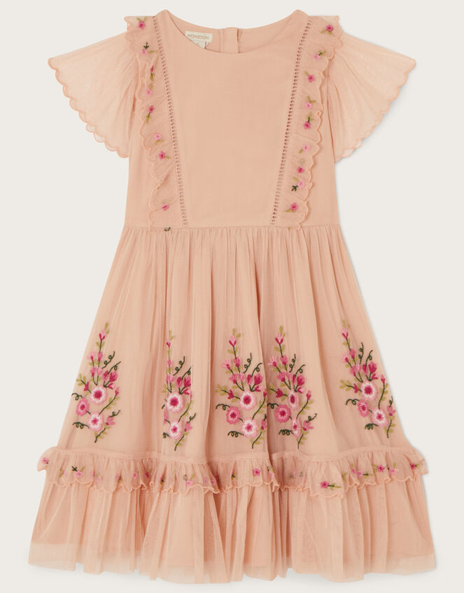 Embroidered Mesh Frill Dress, Pink (PINK), large