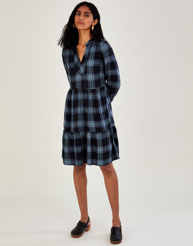 Check Short Smock Dress in LENZING™ ECOVERO™ Blue, Blue (NAVY), large