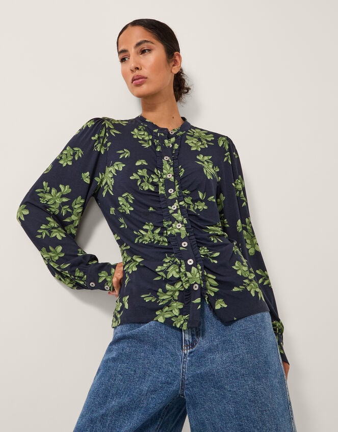 Joules Floral Print Jersey Shirt, Blue (NAVY), large