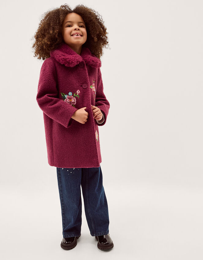 Floral Embroidered Boucle Coat, Red (BURGUNDY), large