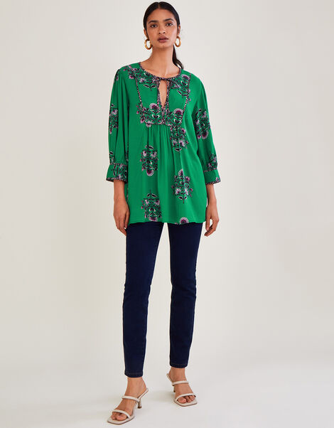 Floral Large Scale ¾ Sleeve Smock Blouse Green, Green (GREEN), large
